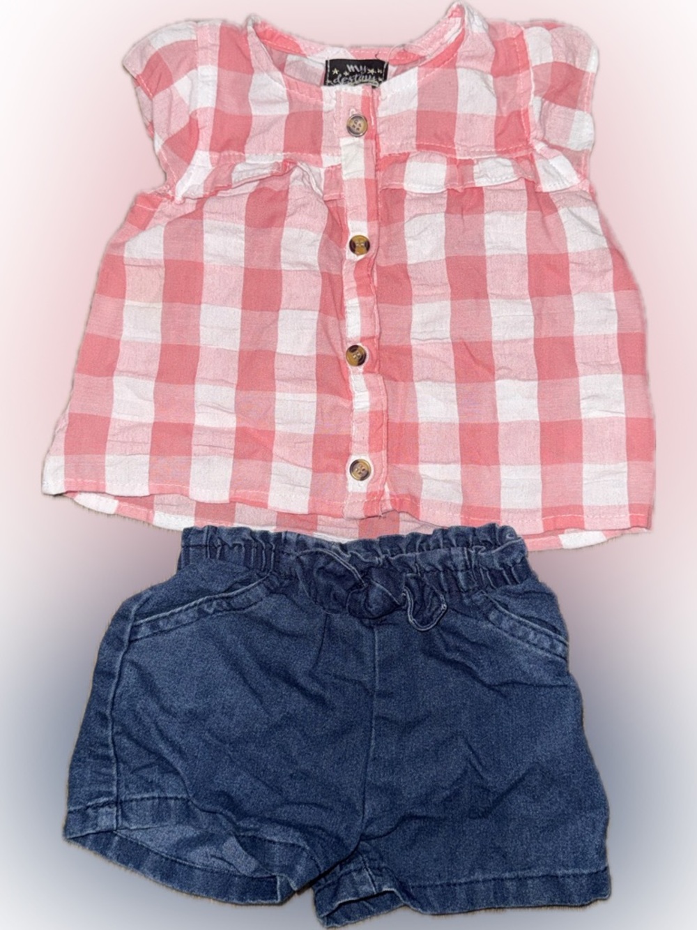 Baby Girls Pink & White Gingham Button-Front Top with Denim Shorts - Size 12 mos